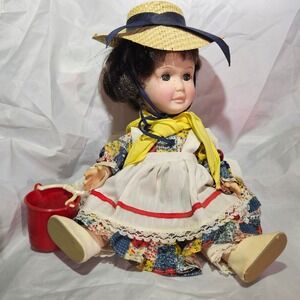 Vintage Country Girl Doll With Straw Hat Yellow Scarf Bucket